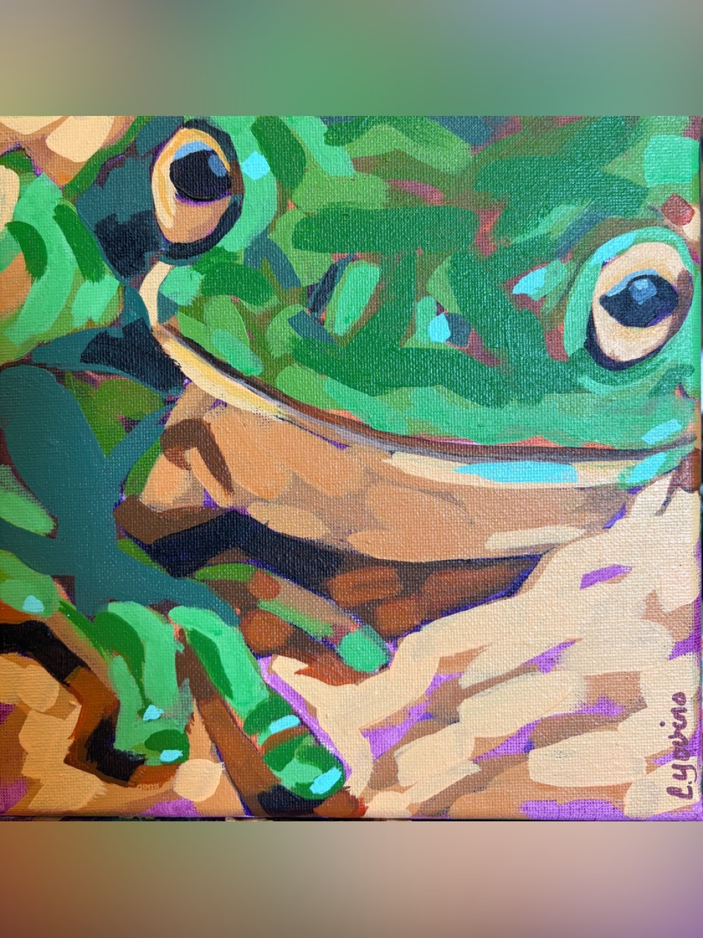 Vibrant Green Frog Acrylic Canvas Painting